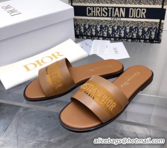 Best Price Dior Dway Flat Slide Sandals in Calfskin and Embroidered Cotton Brown 326002