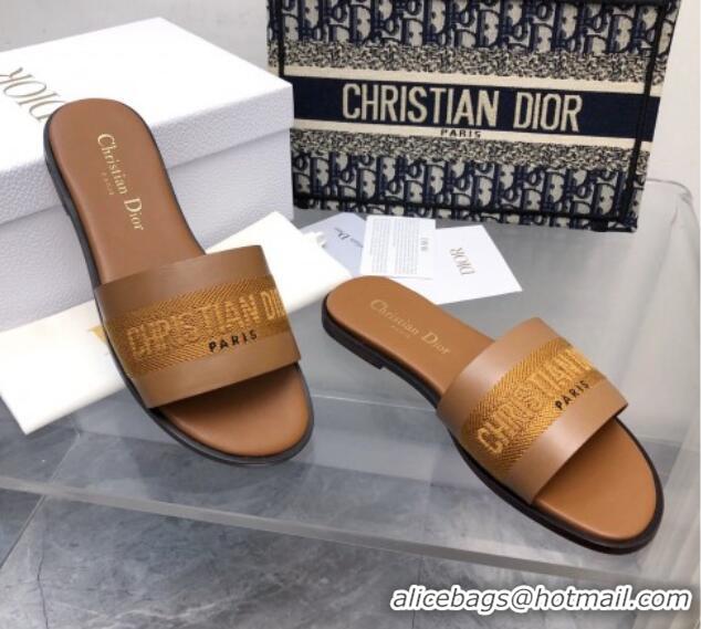 Best Price Dior Dway Flat Slide Sandals in Calfskin and Embroidered Cotton Brown 326002