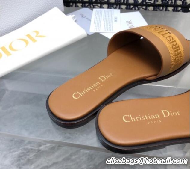 Best Price Dior Dway Flat Slide Sandals in Calfskin and Embroidered Cotton Brown 326002