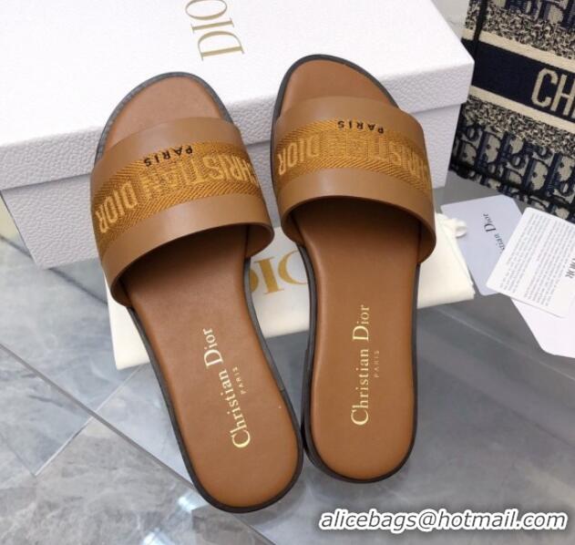 Best Price Dior Dway Flat Slide Sandals in Calfskin and Embroidered Cotton Brown 326002