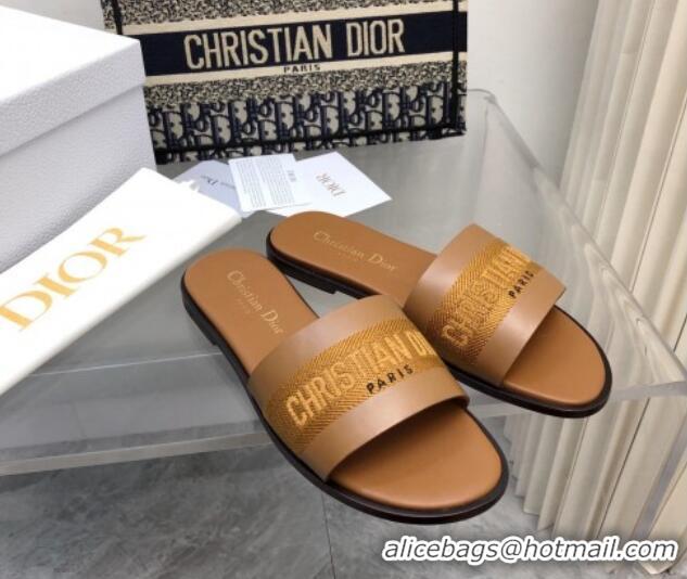 Best Price Dior Dway Flat Slide Sandals in Calfskin and Embroidered Cotton Brown 326002