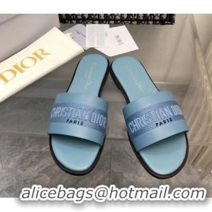 Unique Style Dior Dway Flat Slide Sandals in Calfskin and Embroidered Cotton Blue 326003