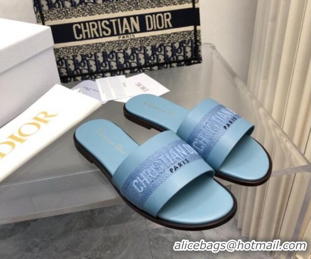 Unique Style Dior Dway Flat Slide Sandals in Calfskin and Embroidered Cotton Blue 326003