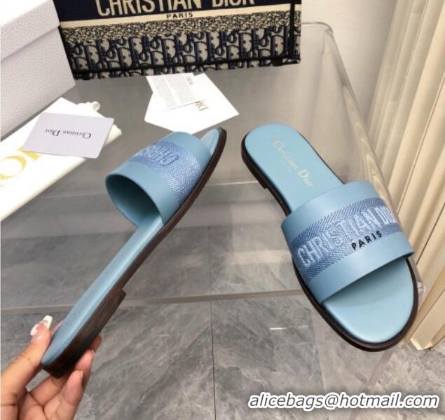 Unique Style Dior Dway Flat Slide Sandals in Calfskin and Embroidered Cotton Blue 326003