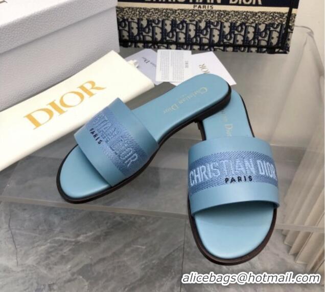 Unique Style Dior Dway Flat Slide Sandals in Calfskin and Embroidered Cotton Blue 326003