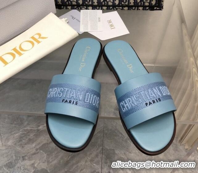 Unique Style Dior Dway Flat Slide Sandals in Calfskin and Embroidered Cotton Blue 326003