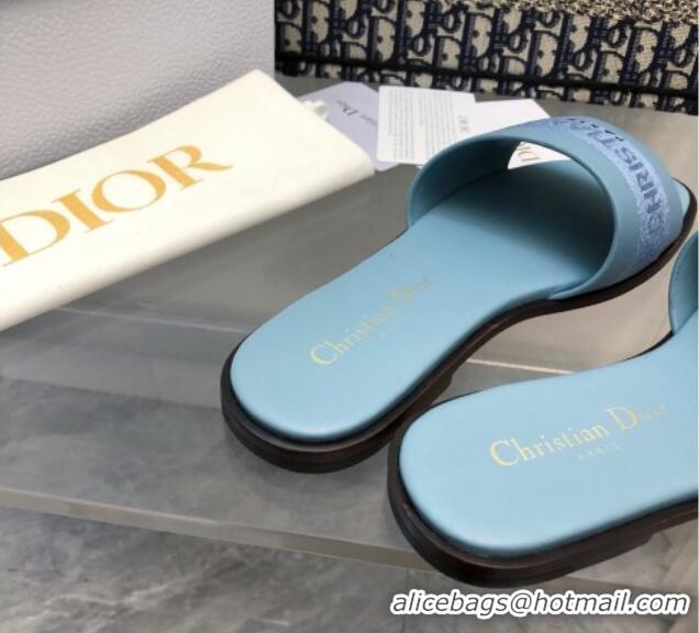 Unique Style Dior Dway Flat Slide Sandals in Calfskin and Embroidered Cotton Blue 326003