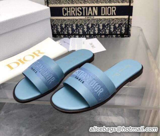 Unique Style Dior Dway Flat Slide Sandals in Calfskin and Embroidered Cotton Blue 326003