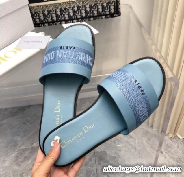 Unique Style Dior Dway Flat Slide Sandals in Calfskin and Embroidered Cotton Blue 326003