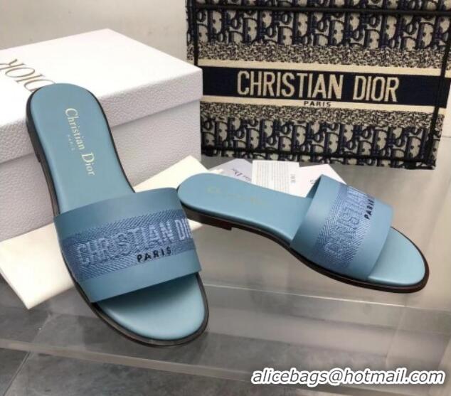 Unique Style Dior Dway Flat Slide Sandals in Calfskin and Embroidered Cotton Blue 326003