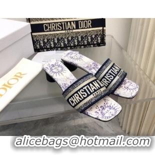 Best Grade Dior Dway Heel Slide Sandals 3.5cm in Embroidered Cotton and White and Blue Toile de Jouy Soleil Motif 326008