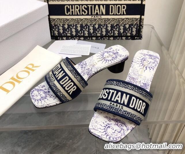 Best Grade Dior Dway Heel Slide Sandals 3.5cm in Embroidered Cotton and White and Blue Toile de Jouy Soleil Motif 326008