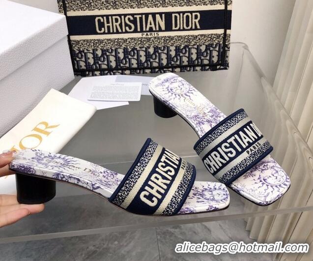 Best Grade Dior Dway Heel Slide Sandals 3.5cm in Embroidered Cotton and White and Blue Toile de Jouy Soleil Motif 326008