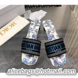 Purchase Dior Dway Heel Slide Sandals 3.5cm in Pastel Midnight Blue Multicolor Embroidered Cotton with Toile de Jouy Mex