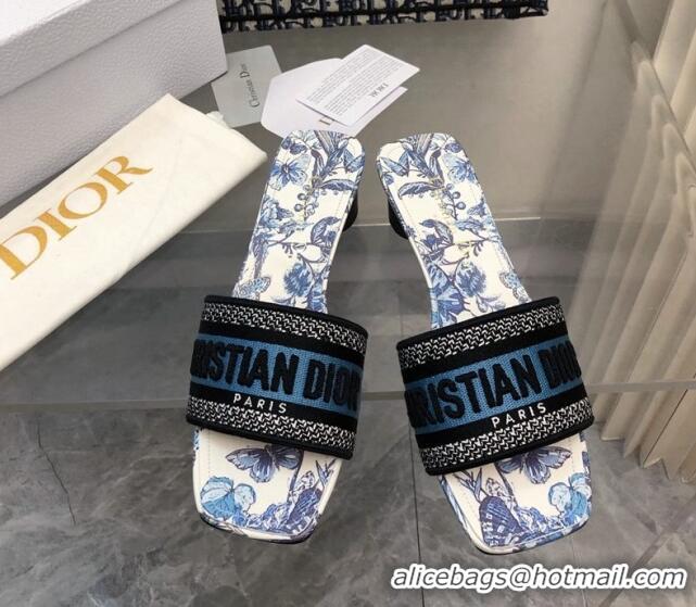 Purchase Dior Dway Heel Slide Sandals 3.5cm in Pastel Midnight Blue Multicolor Embroidered Cotton with Toile de Jouy Mex