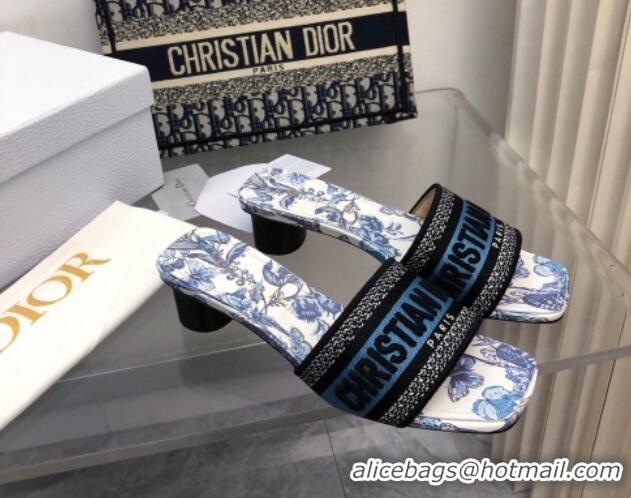 Purchase Dior Dway Heel Slide Sandals 3.5cm in Pastel Midnight Blue Multicolor Embroidered Cotton with Toile de Jouy Mex