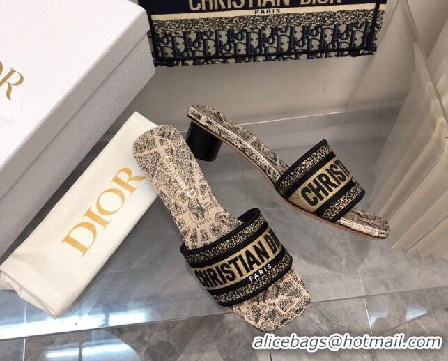 Top Design Dior Dway Heel Slide Sandals 3.5cm in Beige and Black Cotton Embroidered with Plan de Paris Motif 326011