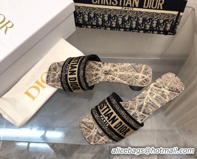 Top Design Dior Dway Heel Slide Sandals 3.5cm in Beige and Black Cotton Embroidered with Plan de Paris Motif 326011