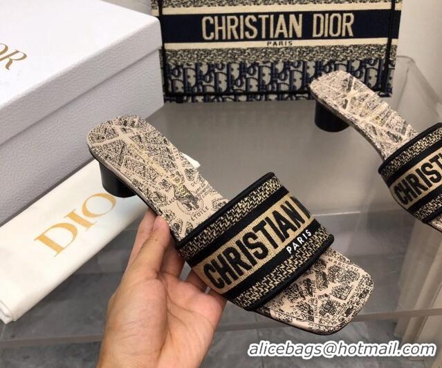 Top Design Dior Dway Heel Slide Sandals 3.5cm in Beige and Black Cotton Embroidered with Plan de Paris Motif 326011