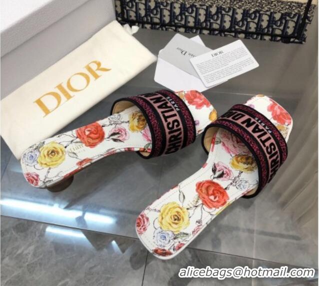 Good Looking Dior Dway Heel Slide Sandals 3.5cm in White Multicolor Florilegio Embroidered Cotton 326012