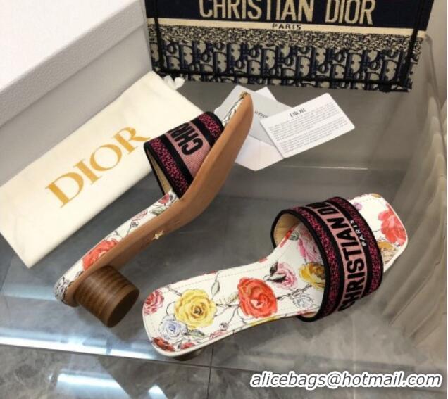 Good Looking Dior Dway Heel Slide Sandals 3.5cm in White Multicolor Florilegio Embroidered Cotton 326012