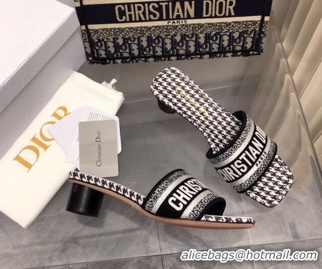 Best Product Dior Dway Heel Slide Sandals 3.5cm in Black and White Micro-Houndstooth Embroidered Cotton 326013