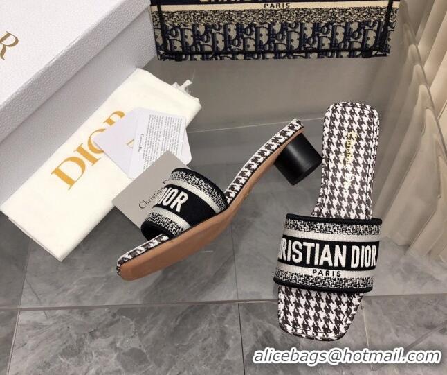 Best Product Dior Dway Heel Slide Sandals 3.5cm in Black and White Micro-Houndstooth Embroidered Cotton 326013