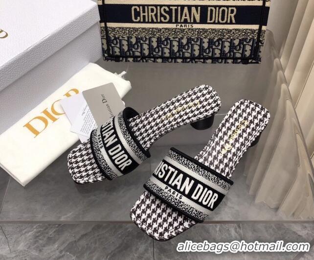 Best Product Dior Dway Heel Slide Sandals 3.5cm in Black and White Micro-Houndstooth Embroidered Cotton 326013