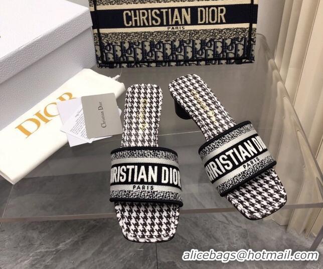 Best Product Dior Dway Heel Slide Sandals 3.5cm in Black and White Micro-Houndstooth Embroidered Cotton 326013