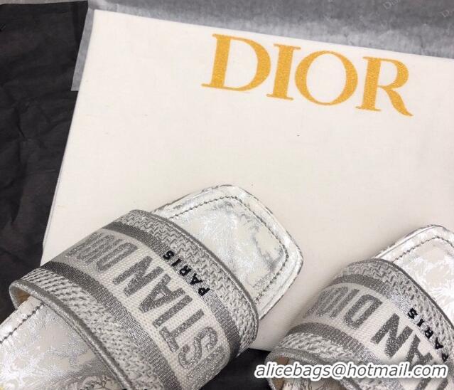 Most Popular Dior Dway Heel Slide Sandals 3.5cm in Silver-Tone Embroidered Cotton 326014