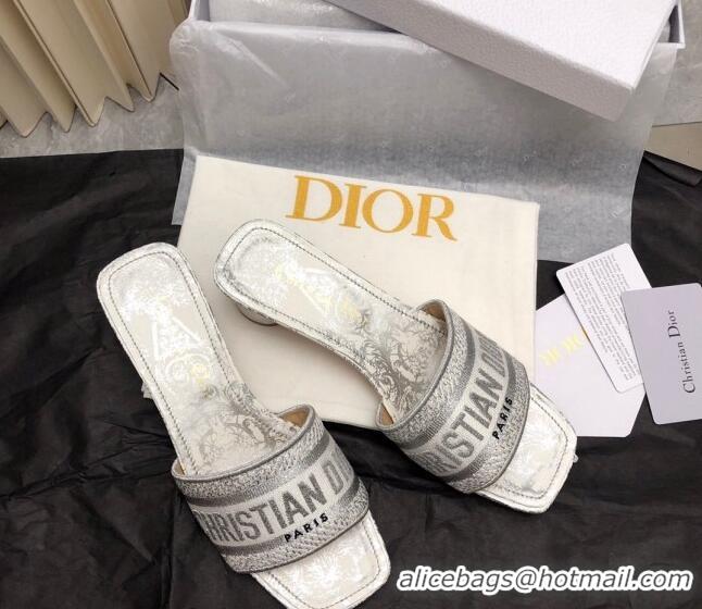 Most Popular Dior Dway Heel Slide Sandals 3.5cm in Silver-Tone Embroidered Cotton 326014