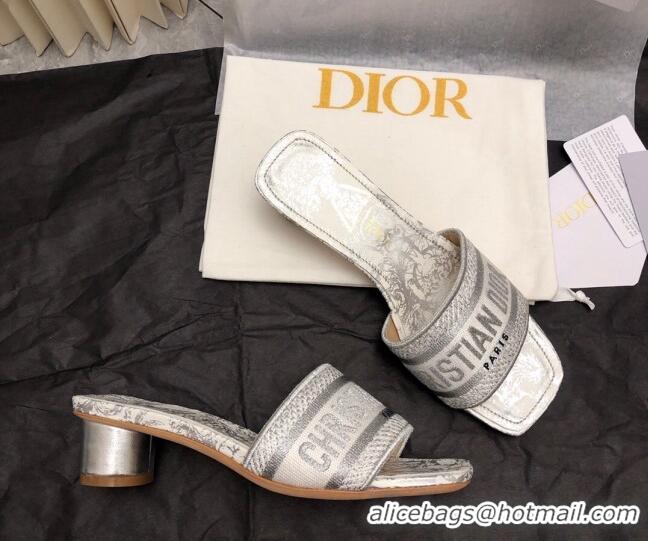 Most Popular Dior Dway Heel Slide Sandals 3.5cm in Silver-Tone Embroidered Cotton 326014