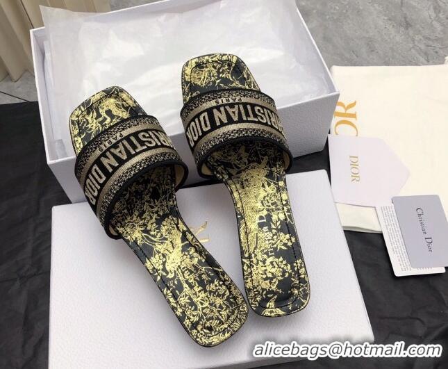 Popular Style Dior Dway Heel Slide Sandals 3.5cm in Black and Gold Embroidered Cotton 326015