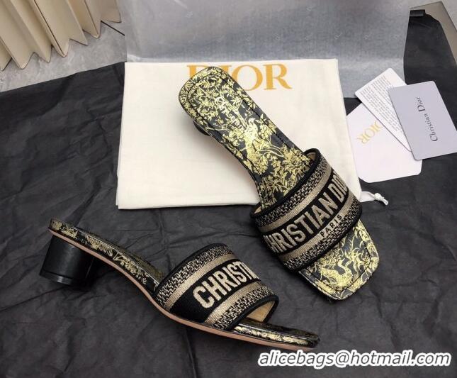 Popular Style Dior Dway Heel Slide Sandals 3.5cm in Black and Gold Embroidered Cotton 326015