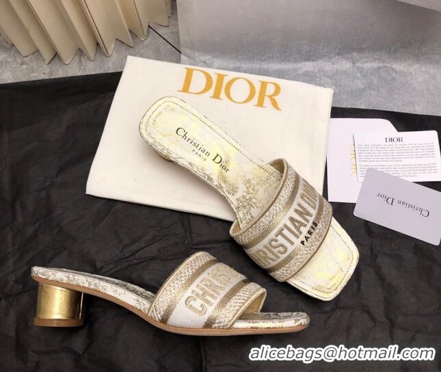 Buy Luxury Dior Dway Heel Slide Sandals 3.5cm in Gold-Tone Embroidered Cotton 326016