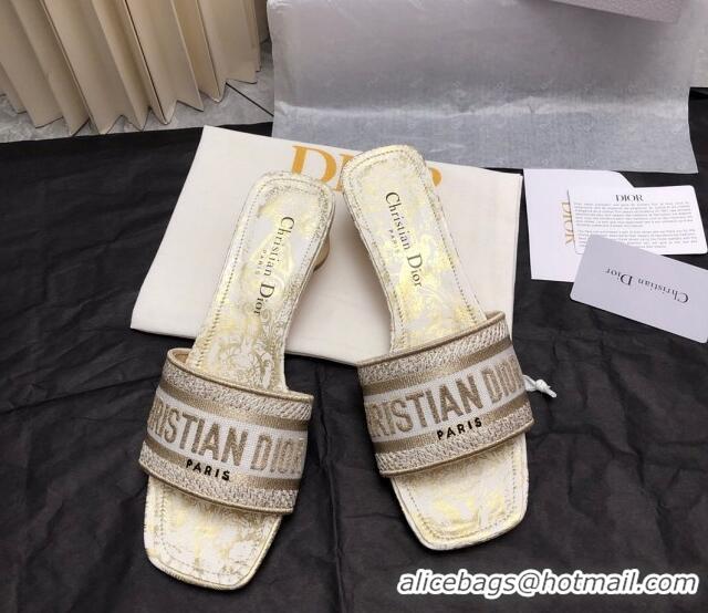 Buy Luxury Dior Dway Heel Slide Sandals 3.5cm in Gold-Tone Embroidered Cotton 326016