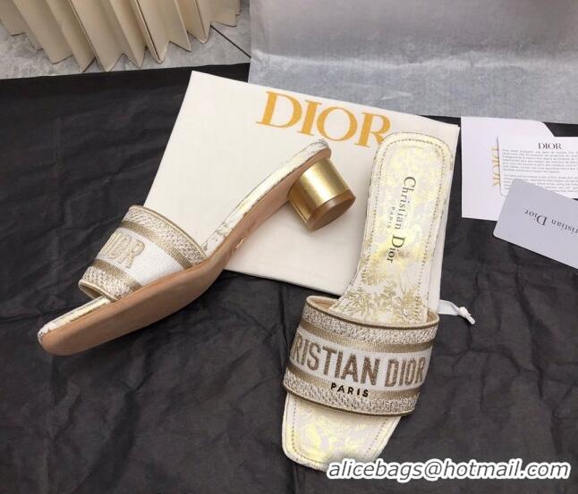 Buy Luxury Dior Dway Heel Slide Sandals 3.5cm in Gold-Tone Embroidered Cotton 326016