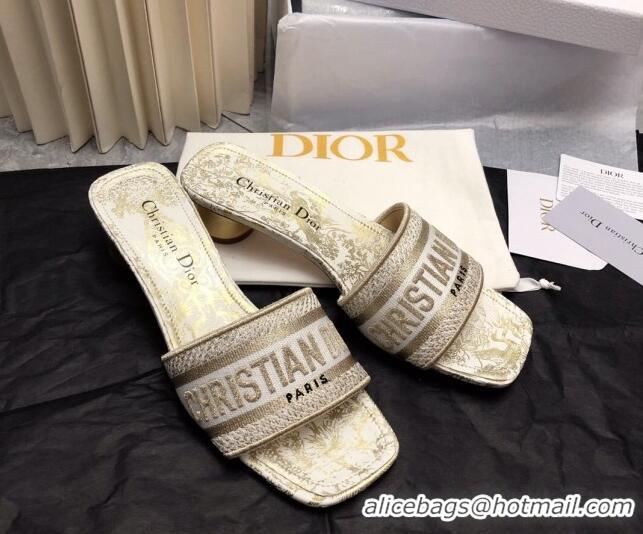 Buy Luxury Dior Dway Heel Slide Sandals 3.5cm in Gold-Tone Embroidered Cotton 326016