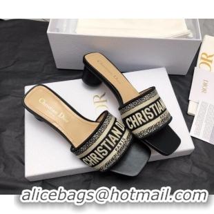 Good Product Dior Dway Heel Slide Sandals 3.5cm in Classic Black Embroidered Cotton 326017