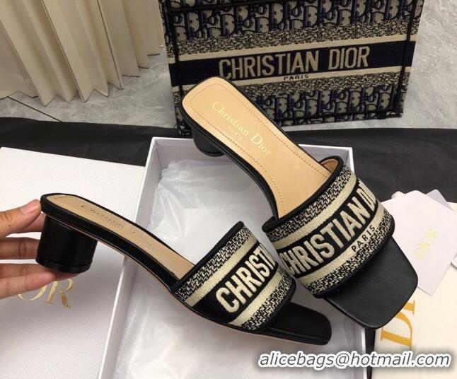 Good Product Dior Dway Heel Slide Sandals 3.5cm in Classic Black Embroidered Cotton 326017