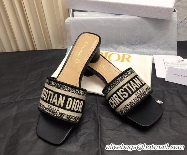 Good Product Dior Dway Heel Slide Sandals 3.5cm in Classic Black Embroidered Cotton 326017