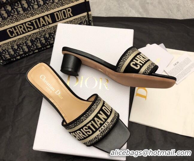 Good Product Dior Dway Heel Slide Sandals 3.5cm in Classic Black Embroidered Cotton 326017