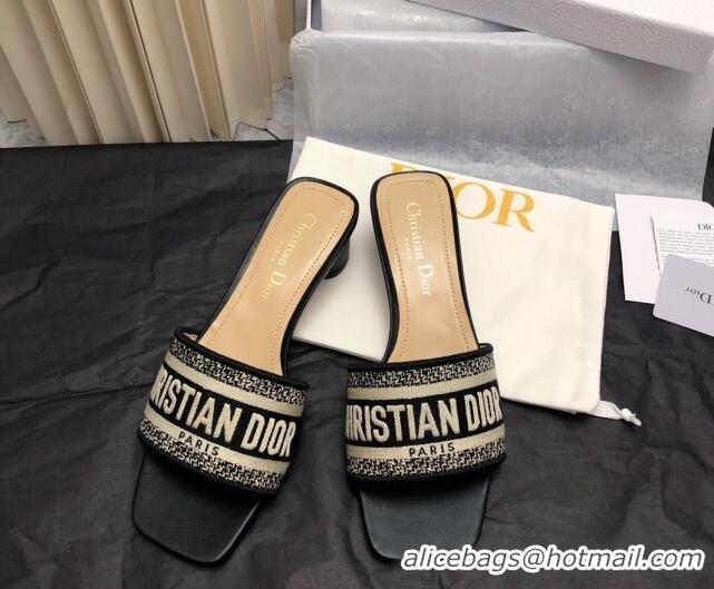 Good Product Dior Dway Heel Slide Sandals 3.5cm in Classic Black Embroidered Cotton 326017