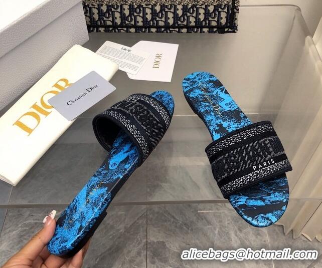 Luxury Dior Dway Flat Slide Sandals in Blue Toile de Jouy Motif 326020