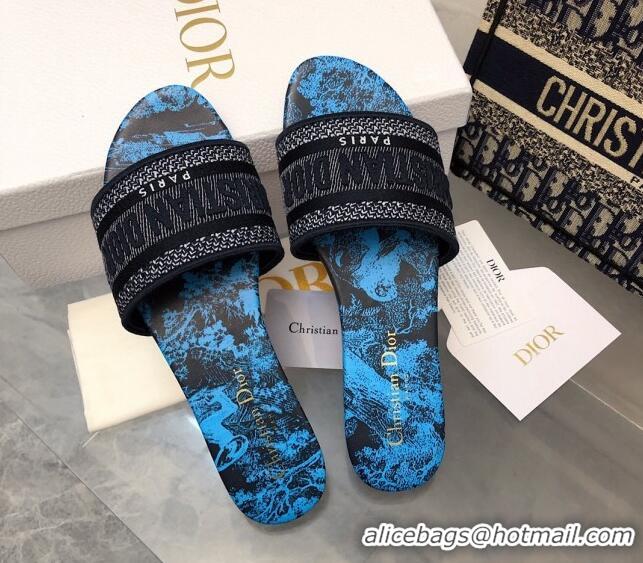 Luxury Dior Dway Flat Slide Sandals in Blue Toile de Jouy Motif 326020