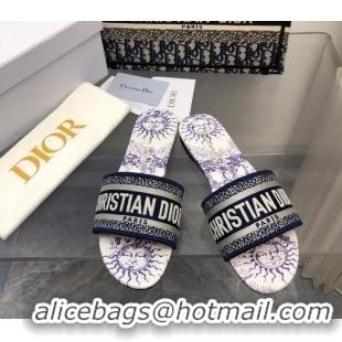 Shop Duplicate Dior Dway Flat Slide Sandals in Embroidered Cotton and White and Blue Toile de Jouy Soleil Motif 326021