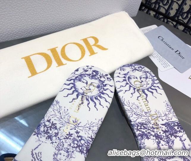 Shop Duplicate Dior Dway Flat Slide Sandals in Embroidered Cotton and White and Blue Toile de Jouy Soleil Motif 326021