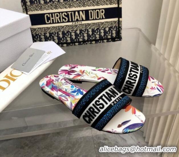 Low Cost Dior Dway Flat Slide Sandals in White Multicolor Embroidered Cotton with Toile de Jouy Fantastica Motif 326024