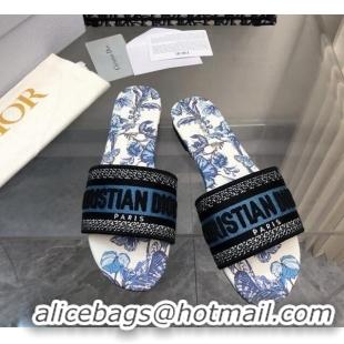 Perfect Dior Dway Flat Slide Sandals in Pastel Midnight Blue Multicolor Embroidered Cotton with Toile de Jouy Mexico Mot