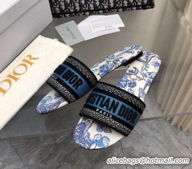 Perfect Dior Dway Flat Slide Sandals in Pastel Midnight Blue Multicolor Embroidered Cotton with Toile de Jouy Mexico Mot